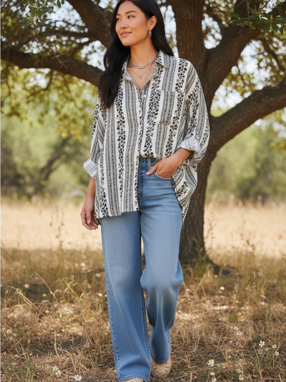Vici Black & Cream Floral Stripe Button-Up Shirt